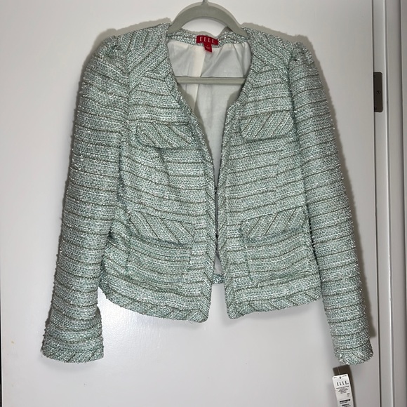 Elle Jackets & Blazers - ELLE Light mint green tweed blazer with metallic gold and silver thread NWT